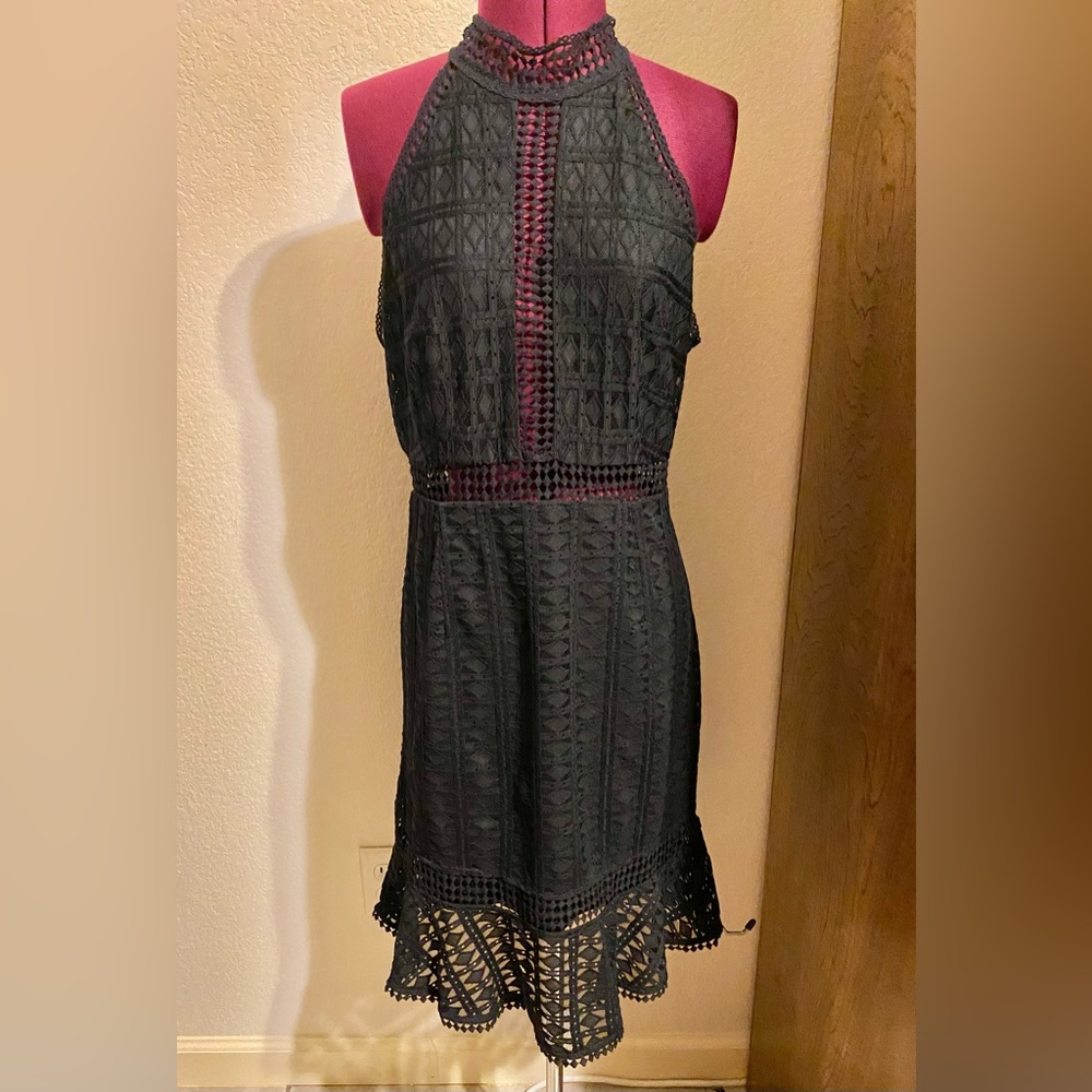 NWT Nordstrom NSR Womens Black Lace High Neck Lined Pencil Dress Size L